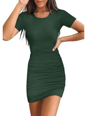 Women's Green Summer Ruched Bodycon Club Party Mini Dresses Short Sleeve Dress